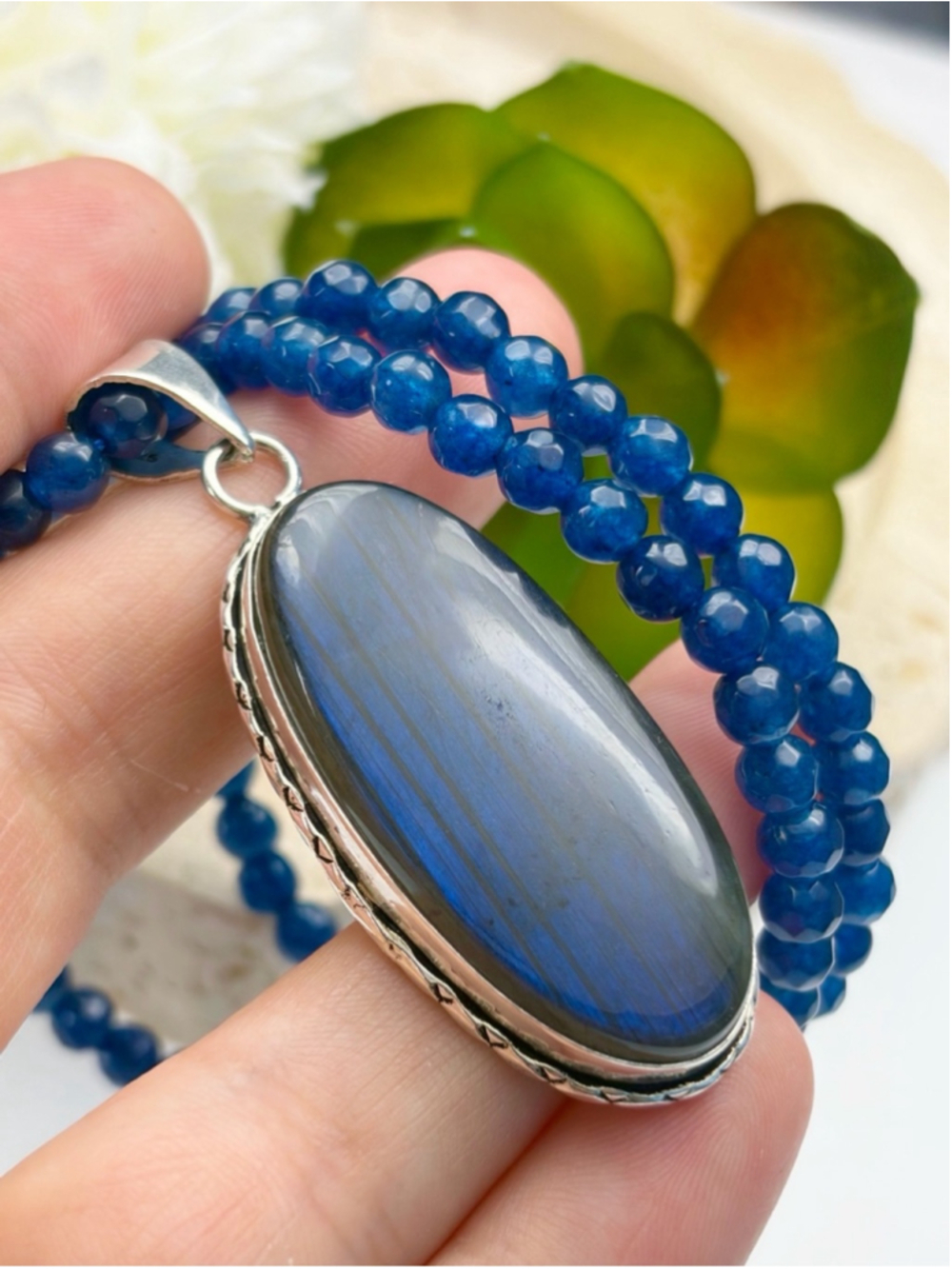 Blue Labradorite Pendant Kyanite Necklace Boho Southwest Vintage Style New 925